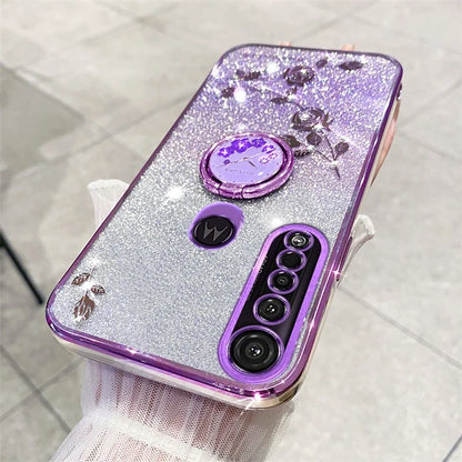 KADEM For Motorola Moto G8 Plus Case Flower Decor Glitter TPU Phone Cover with Kickstand