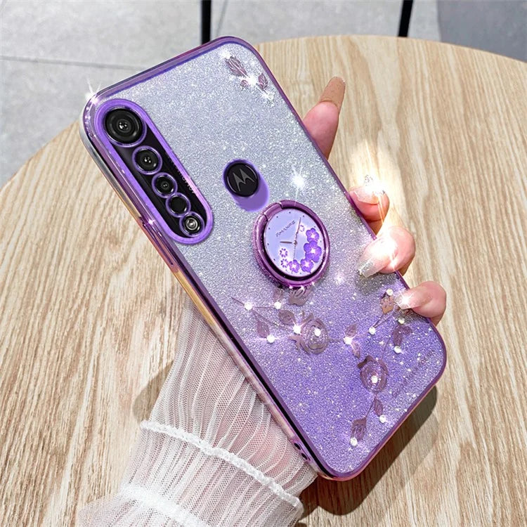 KADEM For Motorola Moto G8 Plus Case Flower Decor Glitter TPU Phone Cover with Kickstand