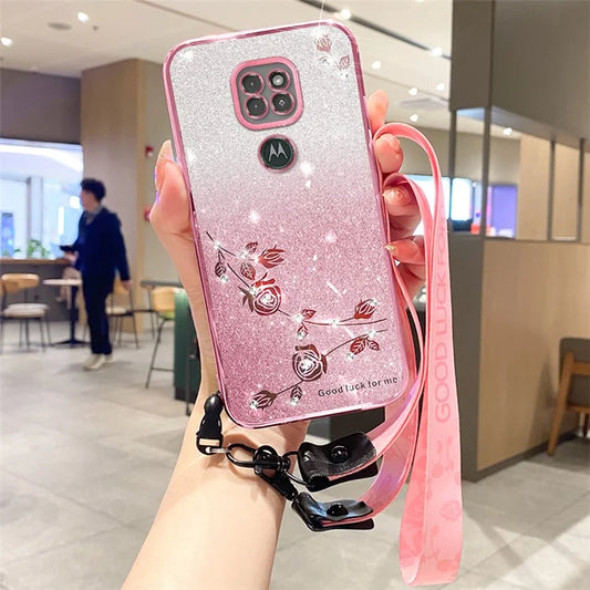 KADEM For Motorola Moto G9 Play TPU Case Rhinestone Glitter Phone Cover with Strap
