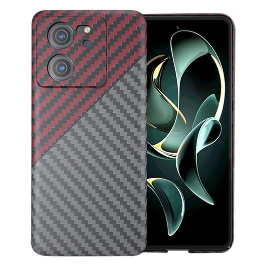 For Xiaomi 13T / 13T Pro Case Splicing Color Carbon Fiber Texture PC Cell Phone Cover+Red