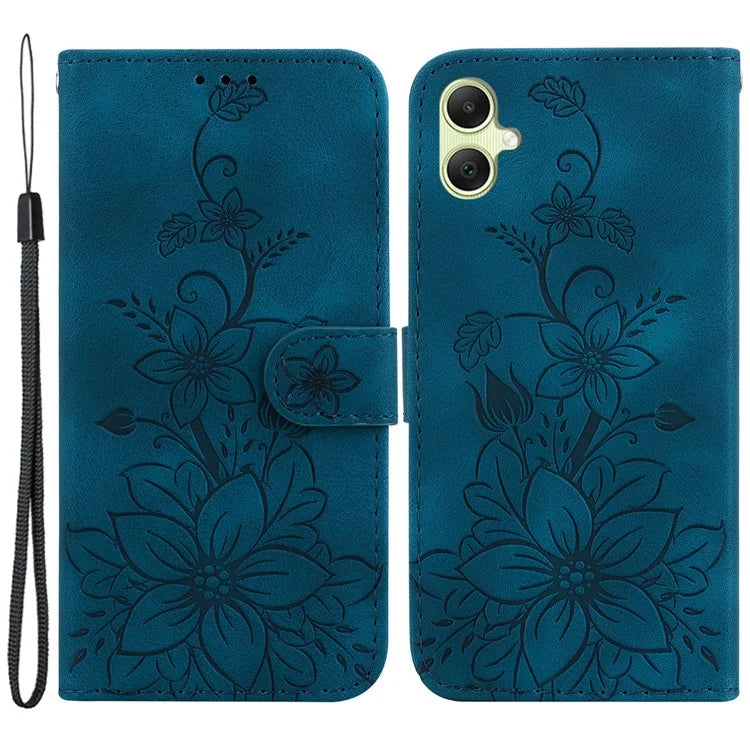 For Samsung Galaxy A05 4G Case Leather Wallet Lily Flower Imprint Phone Anti-drop Cover
