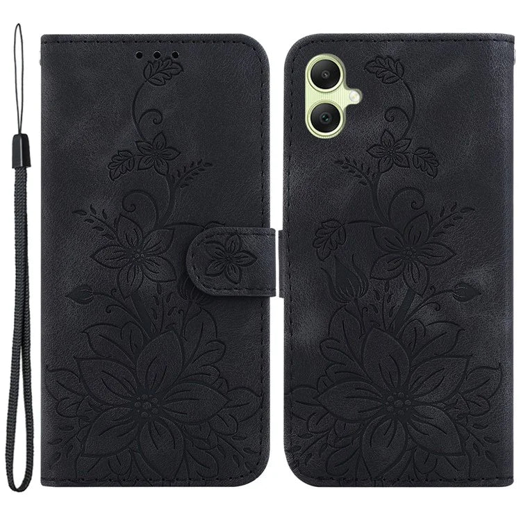 For Samsung Galaxy A05 4G Case Leather Wallet Lily Flower Imprint Phone Anti-drop Cover