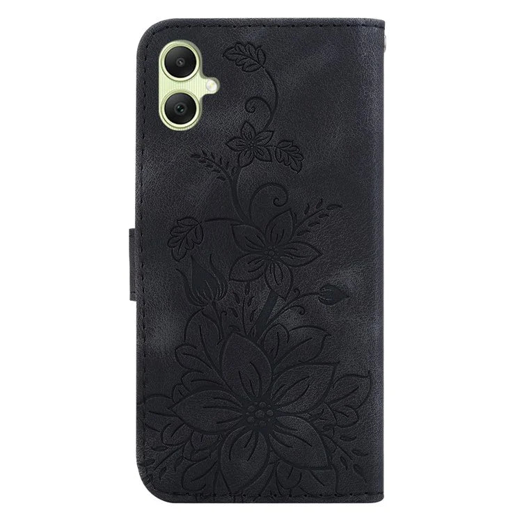 For Samsung Galaxy A05 4G Case Leather Wallet Lily Flower Imprint Phone Anti-drop Cover