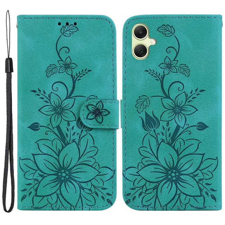 For Samsung Galaxy A05 4G Case Leather Wallet Lily Flower Imprint Phone Anti-drop Cover