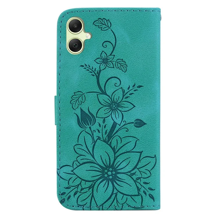 For Samsung Galaxy A05 4G Case Leather Wallet Lily Flower Imprint Phone Anti-drop Cover
