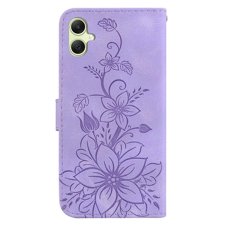 For Samsung Galaxy A05 4G Case Leather Wallet Lily Flower Imprint Phone Anti-drop Cover