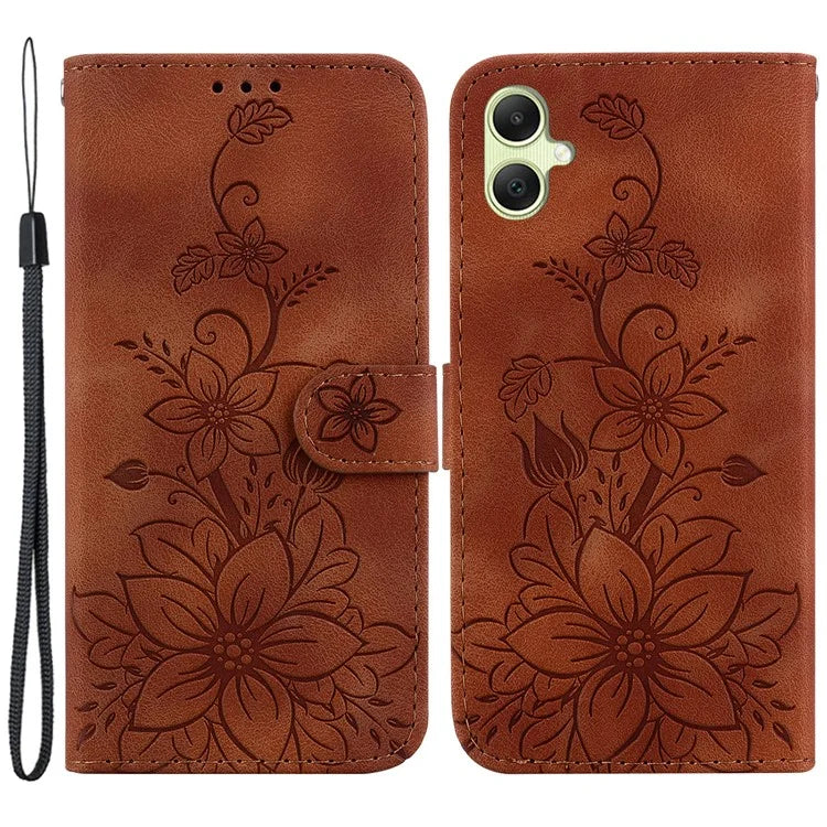 For Samsung Galaxy A05 4G Case Leather Wallet Lily Flower Imprint Phone Anti-drop Cover