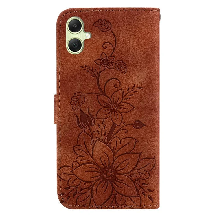 For Samsung Galaxy A05 4G Case Leather Wallet Lily Flower Imprint Phone Anti-drop Cover