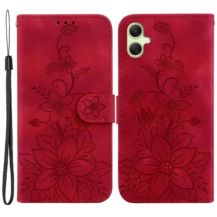 For Samsung Galaxy A05 4G Case Leather Wallet Lily Flower Imprint Phone Anti-drop Cover