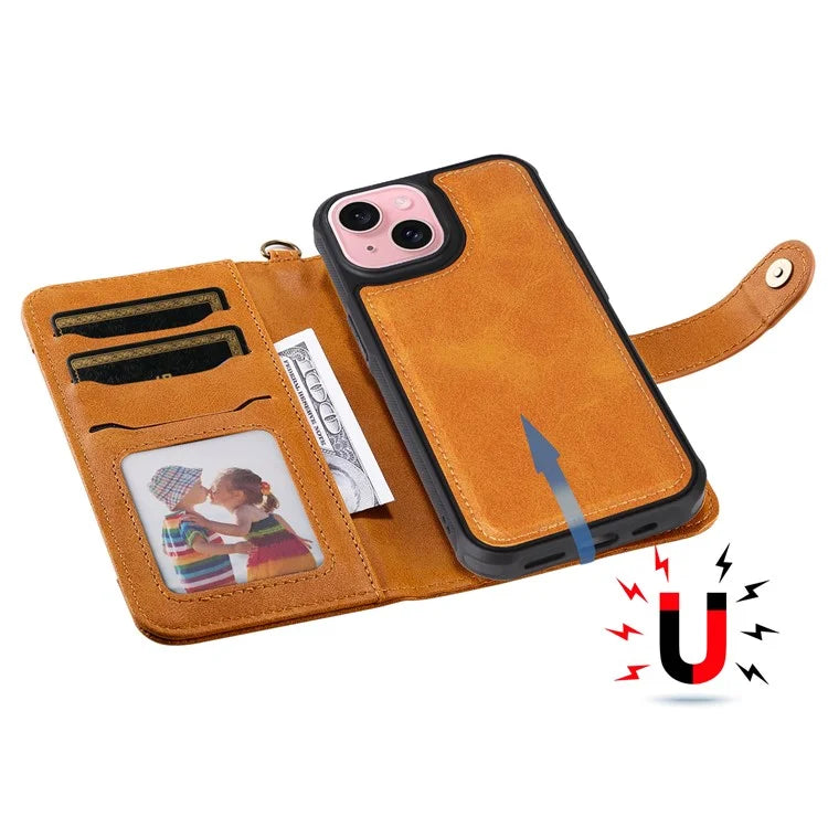 KT Leather Series-4 For iPhone 15 Leather Case 2-in-1 Detachable Phone Stand Wallet Cover