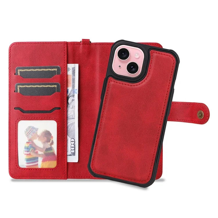 KT Leather Series-4 For iPhone 15 Leather Case 2-in-1 Detachable Phone Stand Wallet Cover