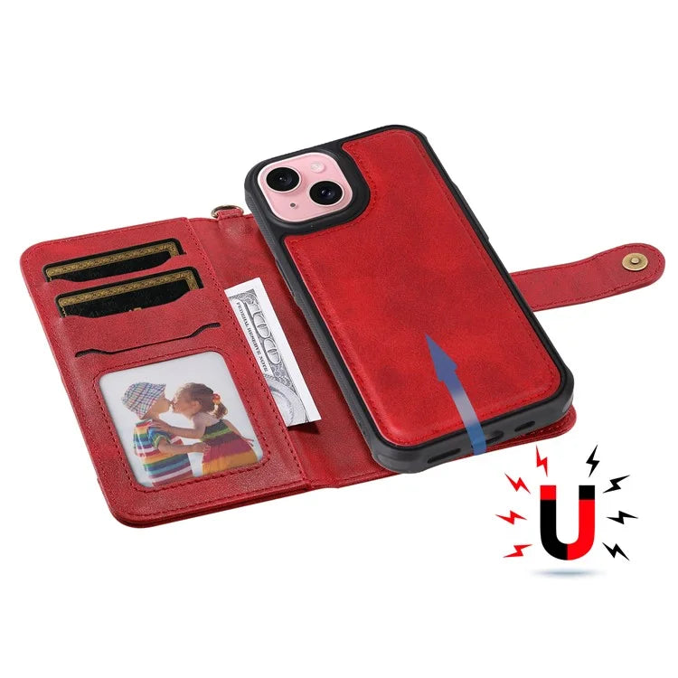 KT Leather Series-4 For iPhone 15 Leather Case 2-in-1 Detachable Phone Stand Wallet Cover