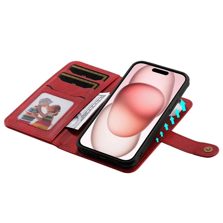 KT Leather Series-4 For iPhone 15 Leather Case 2-in-1 Detachable Phone Stand Wallet Cover