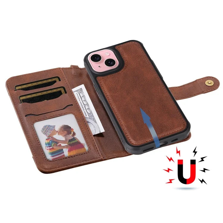 KT Leather Series-4 For iPhone 15 Leather Case 2-in-1 Detachable Phone Stand Wallet Cover