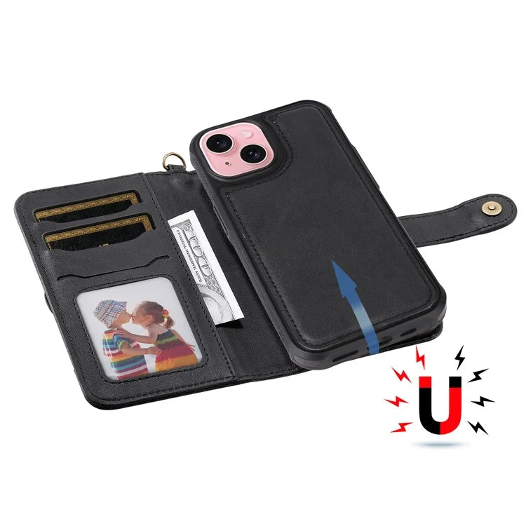 KT Leather Series-4 For iPhone 15 Leather Case 2-in-1 Detachable Phone Stand Wallet Cover