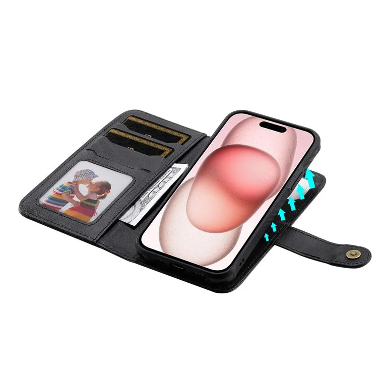 KT Leather Series-4 For iPhone 15 Leather Case 2-in-1 Detachable Phone Stand Wallet Cover