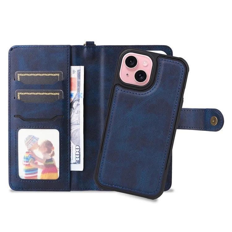 KT Leather Series-4 For iPhone 15 Leather Case 2-in-1 Detachable Phone Stand Wallet Cover