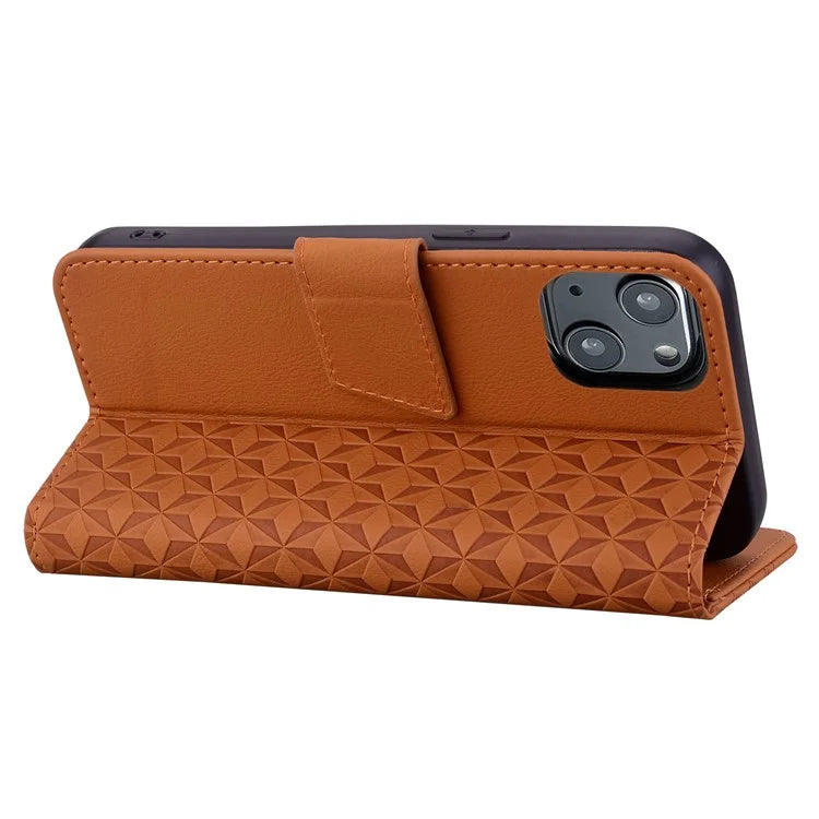 For iPhone 14 Plus Case Wallet Stand Imprinted Rhombus Phone Cover