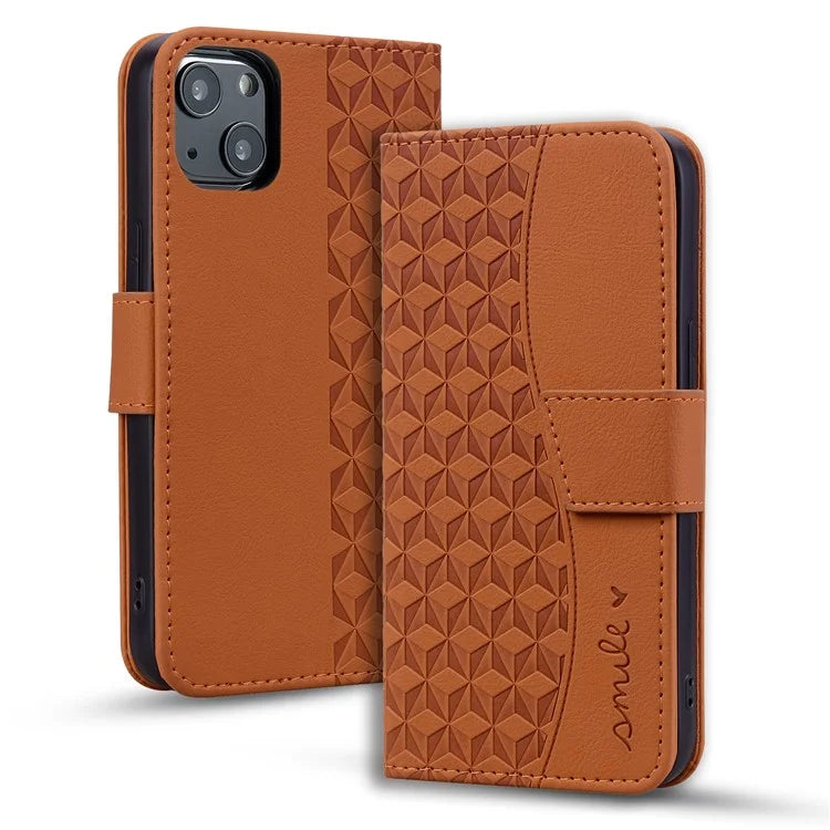 For iPhone 14 Plus Case Wallet Stand Imprinted Rhombus Phone Cover