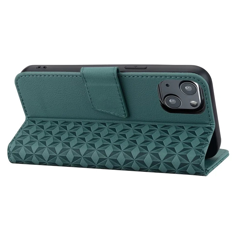 For iPhone 14 Plus Case Wallet Stand Imprinted Rhombus Phone Cover