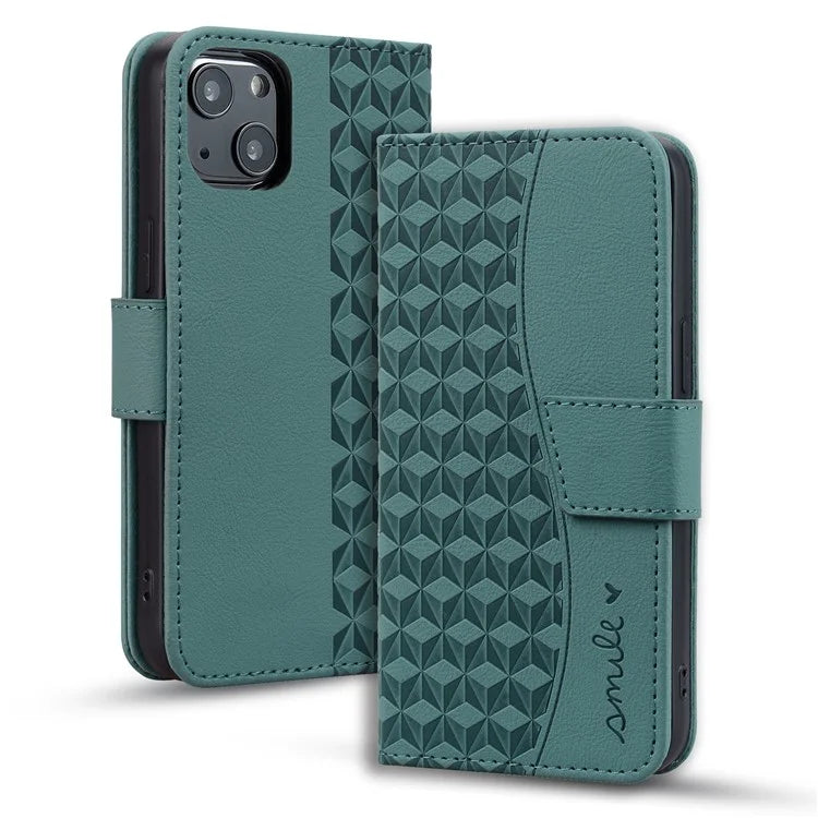 For iPhone 14 Plus Case Wallet Stand Imprinted Rhombus Phone Cover