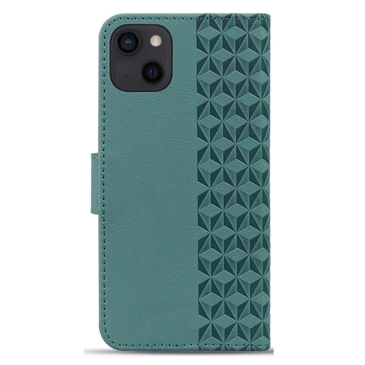 For iPhone 14 Plus Case Wallet Stand Imprinted Rhombus Phone Cover