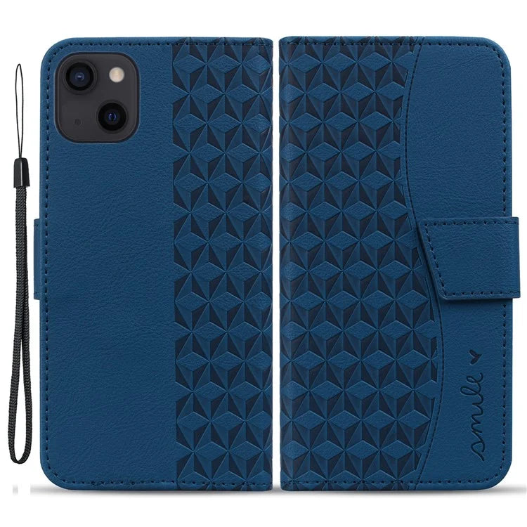 For iPhone 14 Plus Case Wallet Stand Imprinted Rhombus Phone Cover