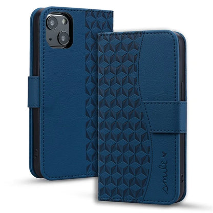 For iPhone 14 Plus Case Wallet Stand Imprinted Rhombus Phone Cover
