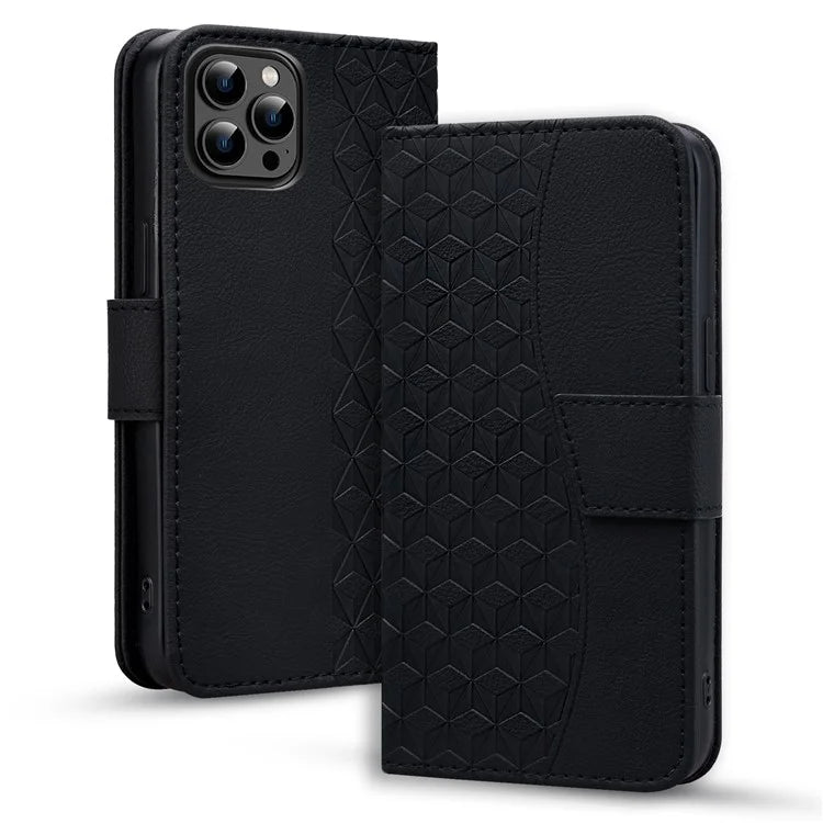 For iPhone 14 Pro Max Leather Case Imprinted Rhombus Wallet Cover
