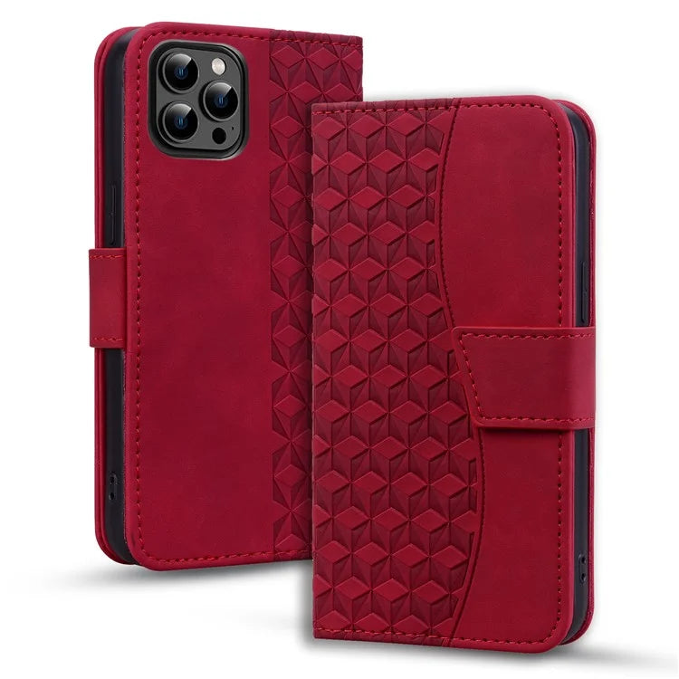 For iPhone 14 Pro Max Leather Case Imprinted Rhombus Wallet Cover