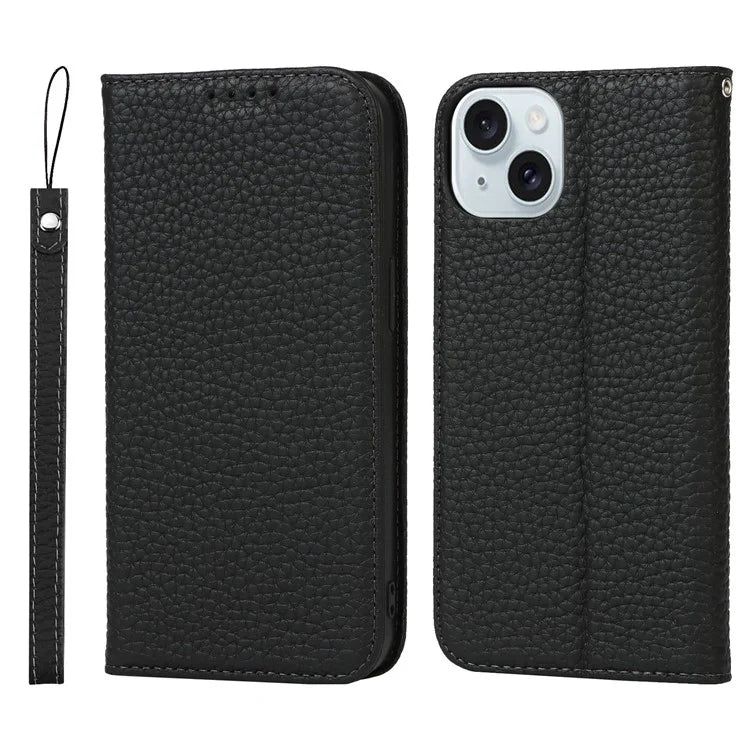 For iPhone 15 Case Litchi Texture Anti-scratch Genuine Cow Leather Cover Stand Wallet