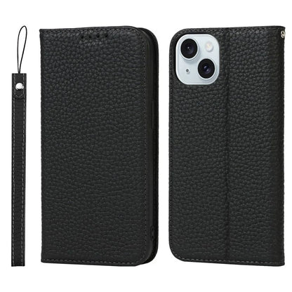 For iPhone 15 Case Litchi Texture Anti-scratch Genuine Cow Leather Cover Stand Wallet