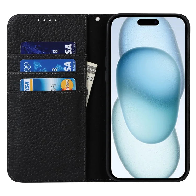 For iPhone 15 Case Litchi Texture Anti-scratch Genuine Cow Leather Cover Stand Wallet