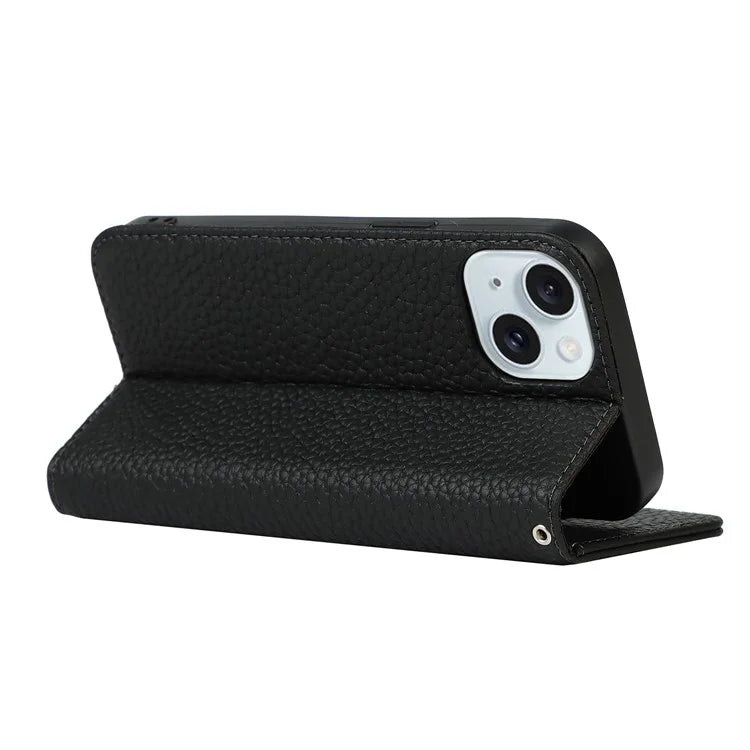 For iPhone 15 Case Litchi Texture Anti-scratch Genuine Cow Leather Cover Stand Wallet