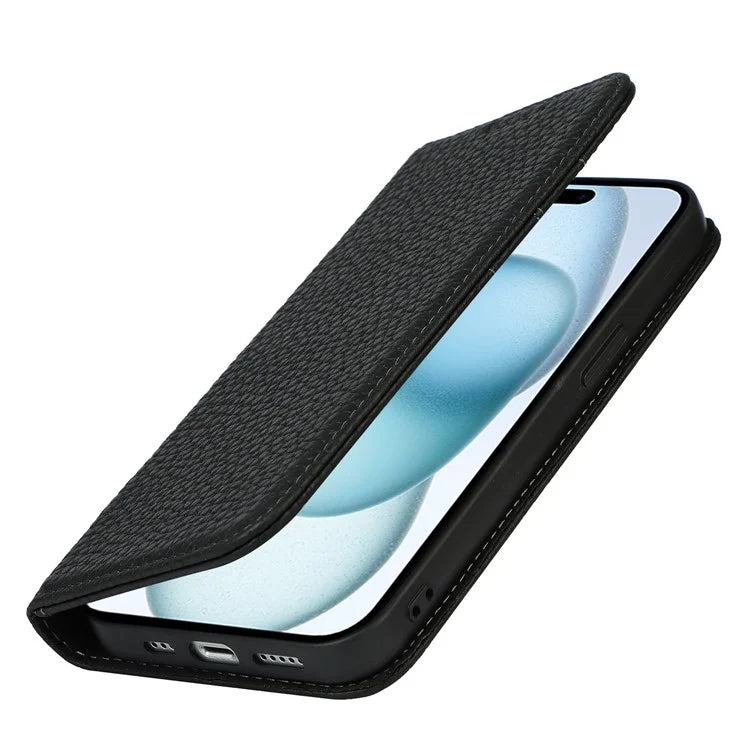 For iPhone 15 Case Litchi Texture Anti-scratch Genuine Cow Leather Cover Stand Wallet