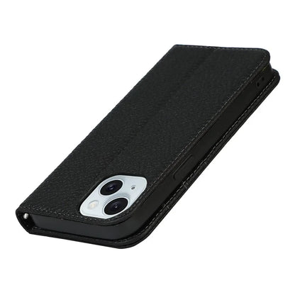 For iPhone 15 Case Litchi Texture Anti-scratch Genuine Cow Leather Cover Stand Wallet