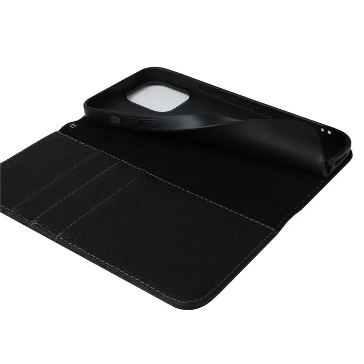 For iPhone 15 Case Litchi Texture Anti-scratch Genuine Cow Leather Cover Stand Wallet