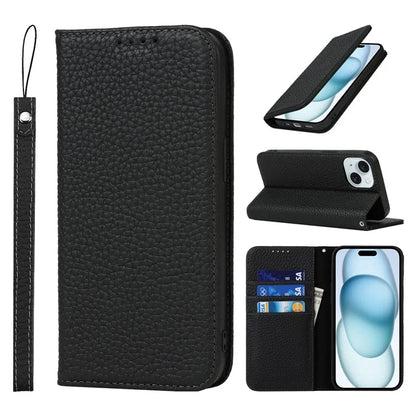 For iPhone 15 Case Litchi Texture Anti-scratch Genuine Cow Leather Cover Stand Wallet
