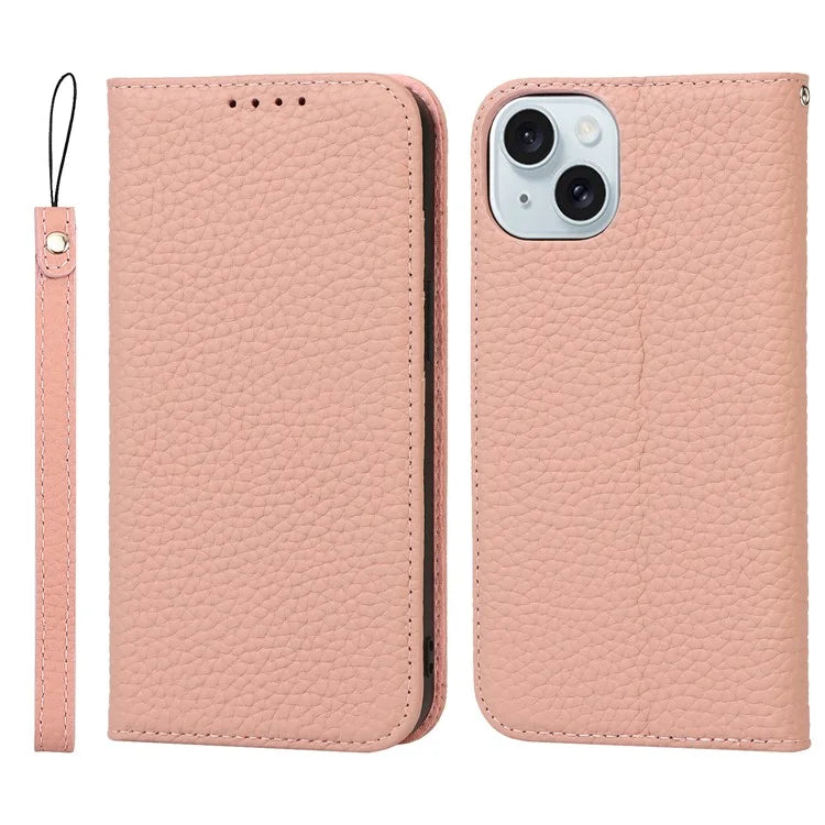 For iPhone 15 Case Litchi Texture Anti-scratch Genuine Cow Leather Cover Stand Wallet