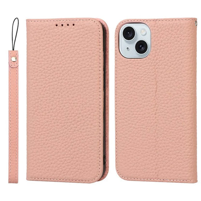 For iPhone 15 Case Litchi Texture Anti-scratch Genuine Cow Leather Cover Stand Wallet