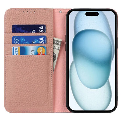 For iPhone 15 Case Litchi Texture Anti-scratch Genuine Cow Leather Cover Stand Wallet