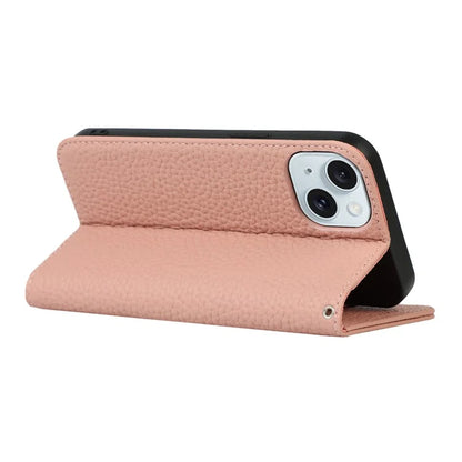For iPhone 15 Case Litchi Texture Anti-scratch Genuine Cow Leather Cover Stand Wallet