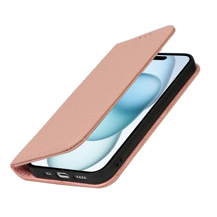 For iPhone 15 Case Litchi Texture Anti-scratch Genuine Cow Leather Cover Stand Wallet