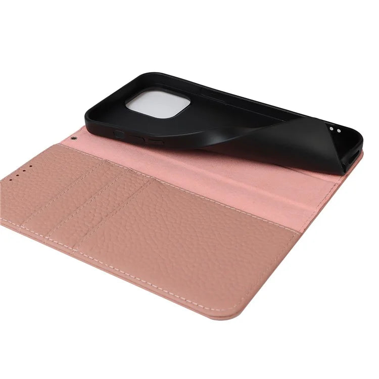 For iPhone 15 Case Litchi Texture Anti-scratch Genuine Cow Leather Cover Stand Wallet