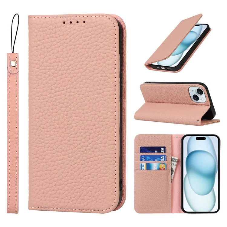 For iPhone 15 Case Litchi Texture Anti-scratch Genuine Cow Leather Cover Stand Wallet