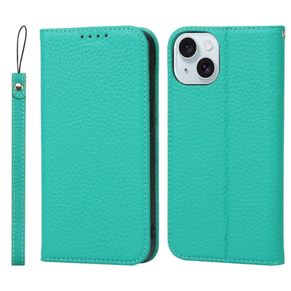 For iPhone 15 Case Litchi Texture Anti-scratch Genuine Cow Leather Cover Stand Wallet