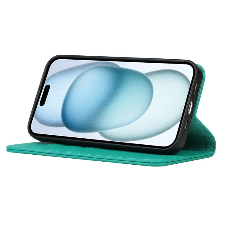 For iPhone 15 Case Litchi Texture Anti-scratch Genuine Cow Leather Cover Stand Wallet