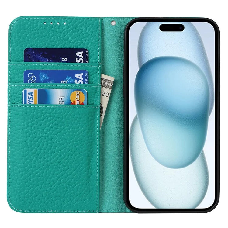 For iPhone 15 Case Litchi Texture Anti-scratch Genuine Cow Leather Cover Stand Wallet