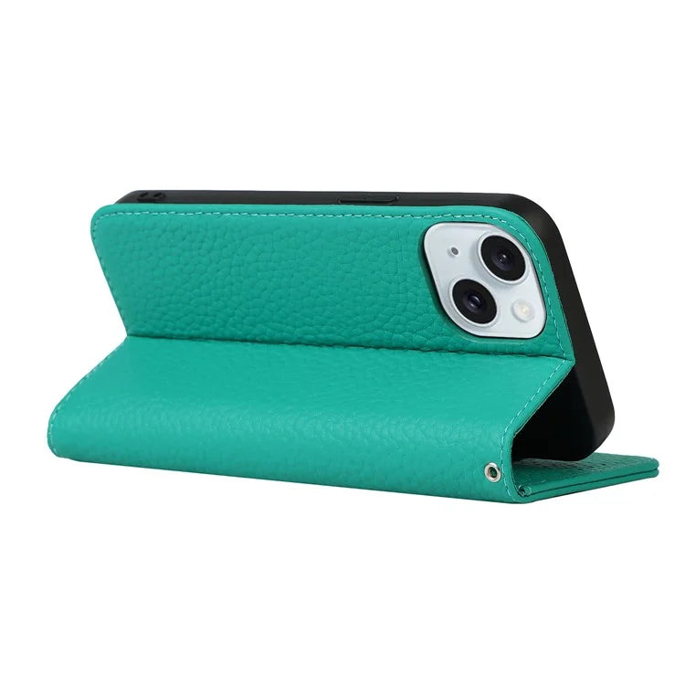 For iPhone 15 Case Litchi Texture Anti-scratch Genuine Cow Leather Cover Stand Wallet