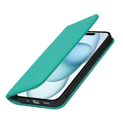 For iPhone 15 Case Litchi Texture Anti-scratch Genuine Cow Leather Cover Stand Wallet
